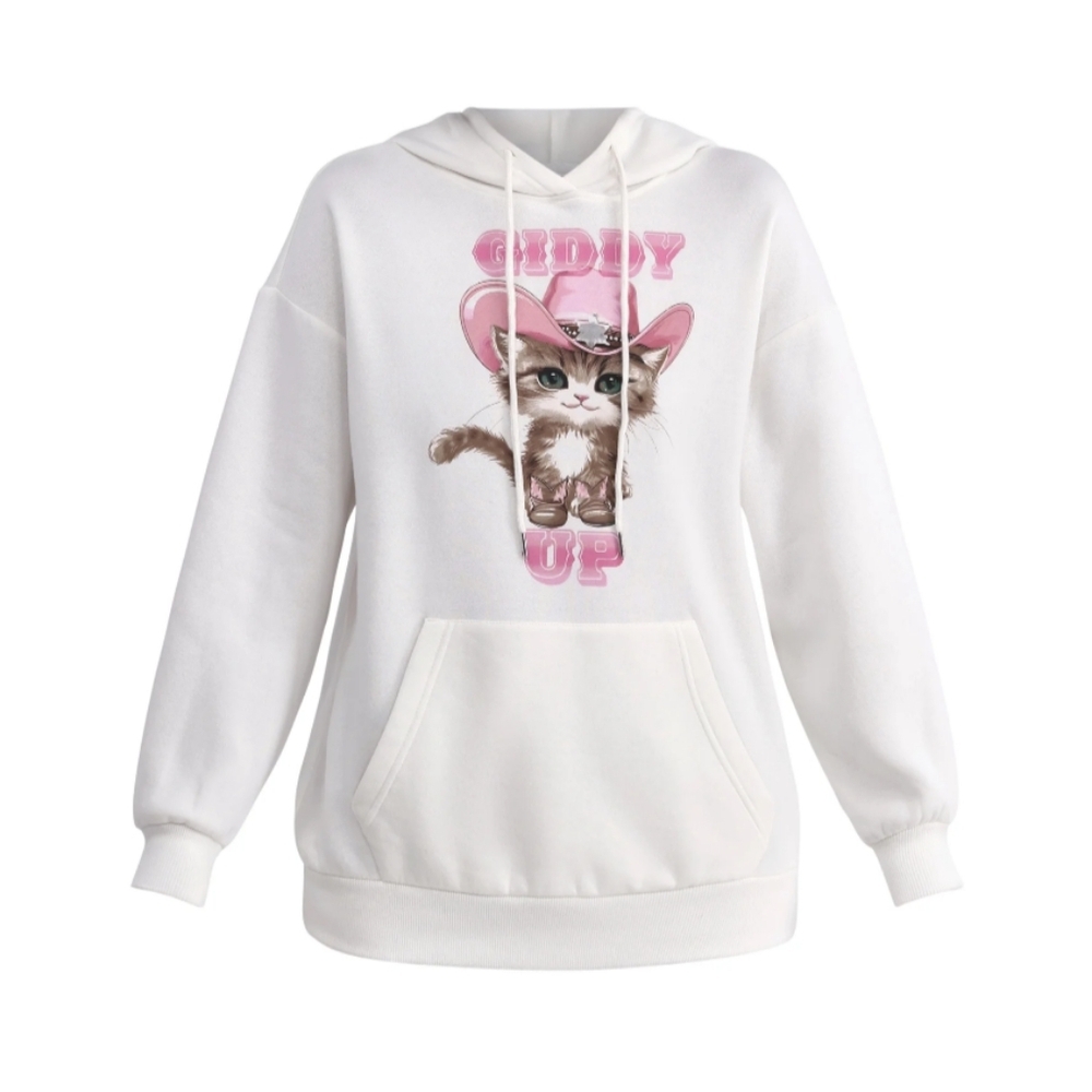 No Boundaries Women's Size XS (0-2) Oversized Printed Hoodie "Giddy Up" Kitten